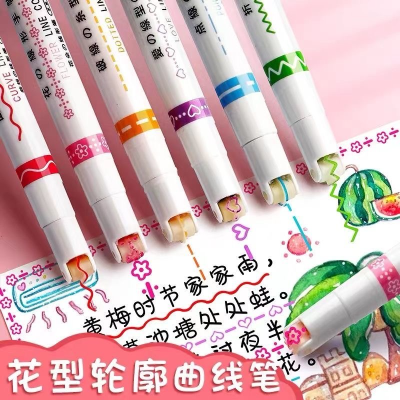 6-Color Lace Curve Pen Wave Type Fluorescent Pen DIY Outline Pen Student Key Point Marker Journal Pen