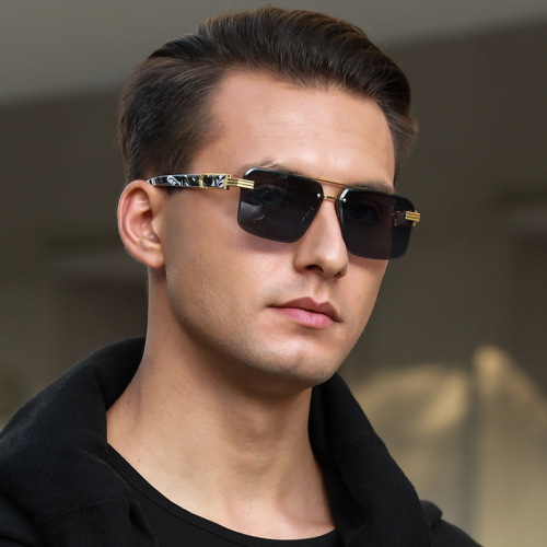 Wood Grain Leg Men‘s Diamond Rimmed Rimless Sunglasses Outdoor UV-Proof Sunglasses Double Beam Sunglasses