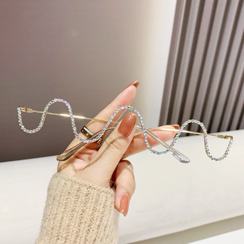 新款炫彩镶钻半框眼镜女潮欧美跨境小众金属波浪无片装饰眼镜架