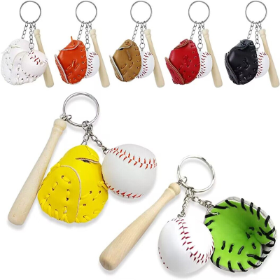 Creative Baseball Keychain Sports Gifts Handbag Pendant Baseball Gloves Wooden Stick Three-Piece Set Wholesale