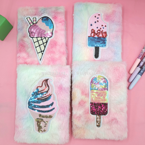 Factory Direct Sales A5 Ice Cream Sequin Stickers Plush Notebook Journal Book Diary Student Stationery Gift