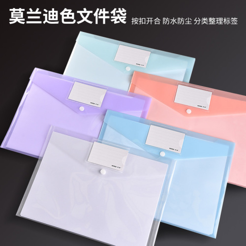 莫兰迪色透明按扣文件袋批发a4收纳试卷资料档案袋PP带标签防水袋