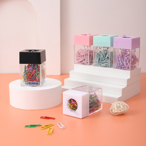 lidemei creative paper clip macaron color magnetic clip storage bucket plastic color transparent paper clip barrel