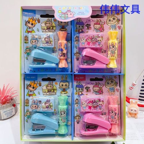 新款网红卡通订书机荧光笔组合套装可爱卡通文具迷你书机