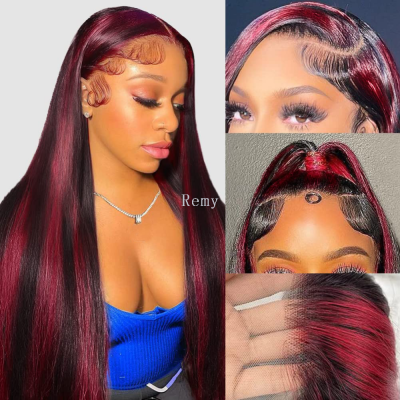 Burgundy Lace Front Wigs Human Hair 13x4 Highlight Ombre Straight Lace Front Wig