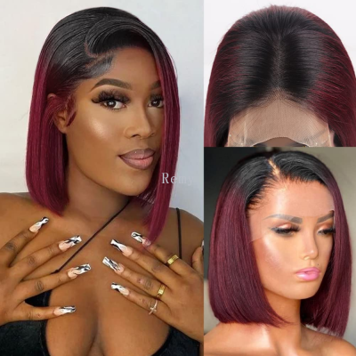 1b/99J Burgundy Lace Front Wigs Human Hair 13x4 99J Colored Bob Lace Front Wig