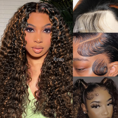 1B/30 Curly Lace Front Wig Human Hair 13x4 Highlight Deep Wave Lace Front Wigs