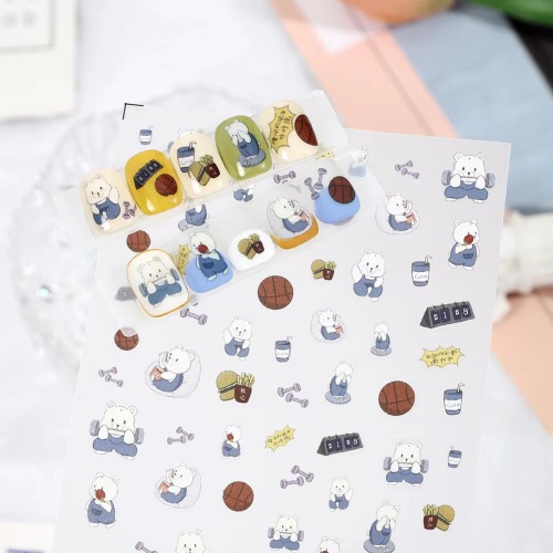 玫瑰美甲日系带胶卡通小熊球图案简约设计美甲贴纸简约动物图案男