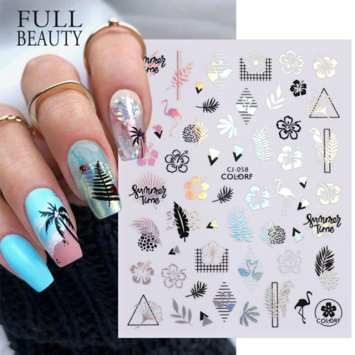 new nail beauty stickers ins summer laser silver ice cream flower plant marine adhesive nail sticker