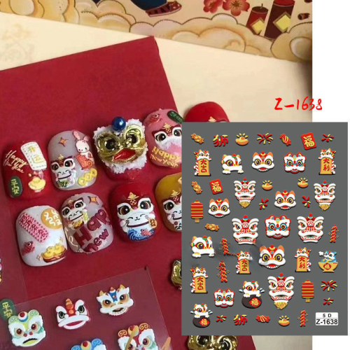 2024 new year 5d relief nail sticker chinese dragon totem lion dance fortune mahjong adhesive
