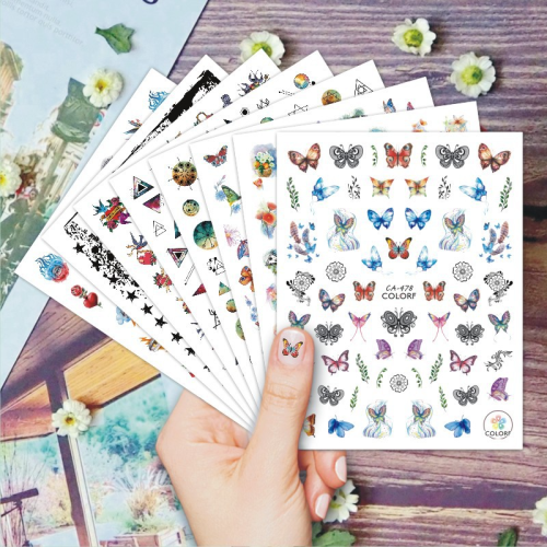 2024 popular ca simulation nail stickers beautiful colorful butterfly flower painted nail stickers paper