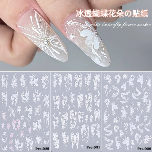 relief semi-transparent white flowers ice-transparent butterfly ins style fairy butterfly adhesive micro-carved nail decals