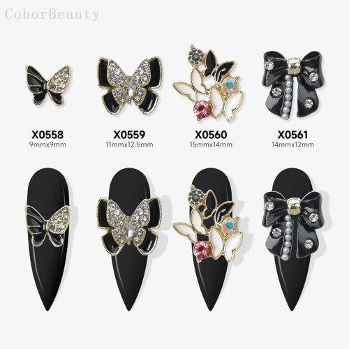 New Nail Beauty Alloy Ornaments Oil Dripping Butterfly Full Diamond Flash Bow Cross-Border Manicure Jewelry Black and White Fingernail Decoration