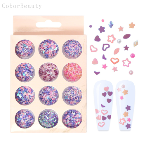 mermaid colorful 12-grid boxed powder hollow love star pearl nail decorations nail sequins mixed patch