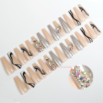 Europe and America Cross Border New 30 Pieces Lengthened Ballet Fake Nails Full Diamond Striped Pattern Onion Powder Effect Matching Kit