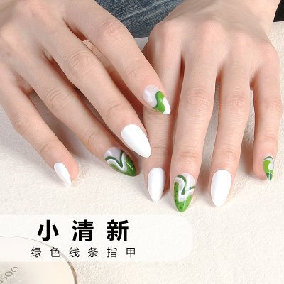 Europe and America Cross Border New Pointed Toe Wear Manicure Fresh Elegant Green Stripes 24 Pieces Finished Product Nail Stickers
