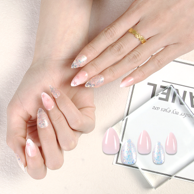INS Hot Sale Sequins Fake Nails 24 Pieces Finished Wear Nail Sticker Nude Pink XINGX Fancy in Stock Manufacturer