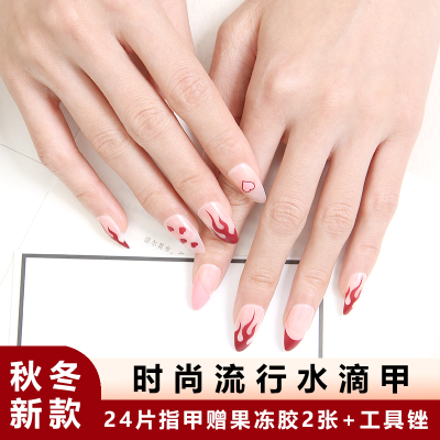 Cross-Border New Ribbon Packaging Pointed Head Fake Nails Hot Red Flame 24 Pieces Finished Product Wear Nail Kit