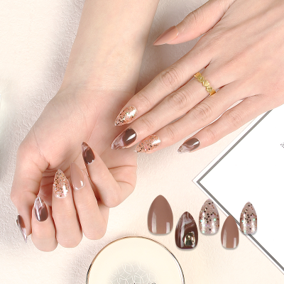Autumn and Winter New Coffee Color Blooming Style Short Water Drop Wear Nail Sequins Effect Fake Nails Spot Drill Manicure Spot
