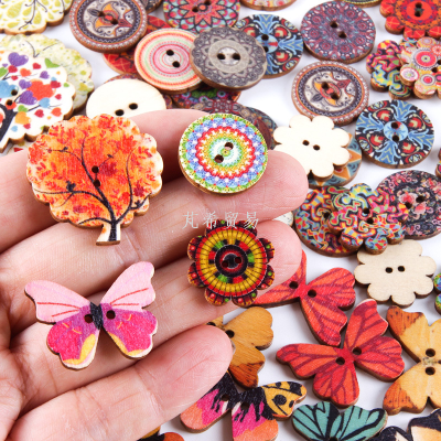 Natural Wood Decorative Buttons Wooden Vintage Cute Flower Butterfly Small Tree Painted Buttons DIY Handmade Buttons