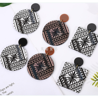 DIY round and Square Acrylic Earrings Style Black and White Plaid Earrings