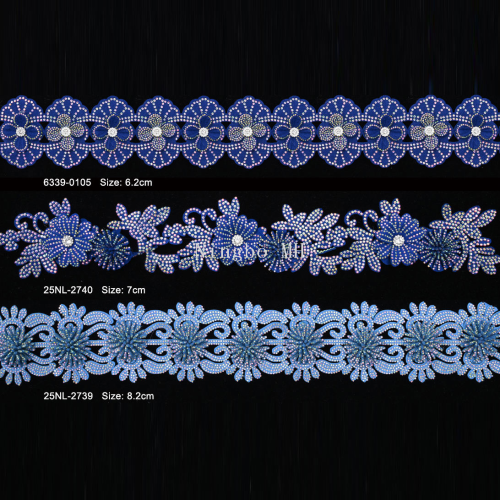 烫钻蕾丝花边 刺绣蕾丝装饰花边 绒布激光绣条花非洲蕾丝花边批发