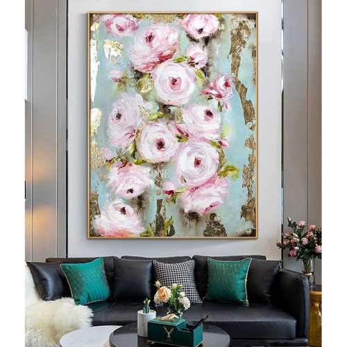 rose pollen oil painting pure hand drawing nordic style home entrance painting light luxury high-end living room gold foil hanging painting