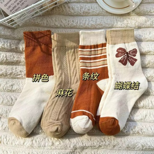 秋季款日系ins潮保暖中筒袜冬季外穿加厚甜美毛圈袜蝴蝶结袜子女