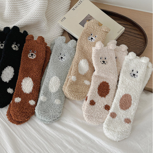 2025 new coral fleece socks women‘s fleece-lined lint-free mid-calf sleeping socks cute bear ears room socks women