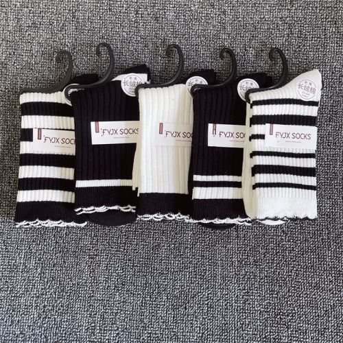 black and white striped lace cotton sock women‘s long-staple cotton socks autumn and winter warm ins mid-calf double needle deodorant female socks