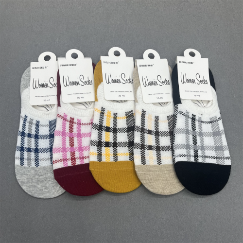 Socks Women‘s Spring/Summer Wholesale Breathable Plaid Multicolor Women‘s Invisible Socks Cotton Silicone Non-Slip Boat Socks