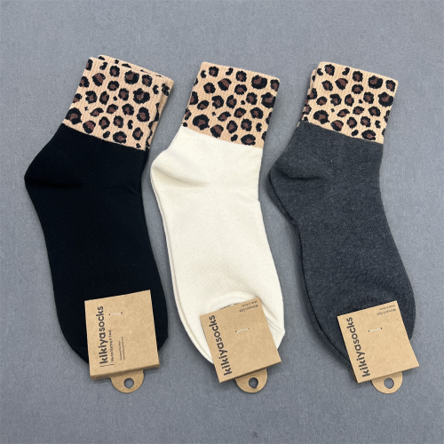 Autumn and Winter Popular All-Cotton Socks Women‘s Japanese Korean-Style Stitching Leopard Print Women‘s Mid-Calf Socks High Elastic Sports Women‘s Socks