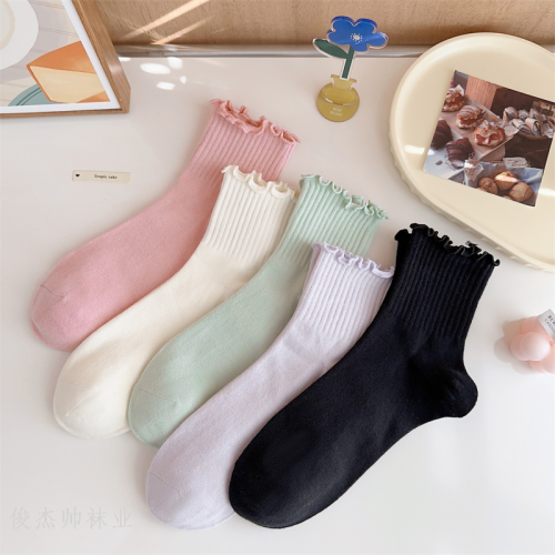 spring and summer thin japanese style wooden ear short socks wholesale all-match loose mouth curling solid color cream color socks for women