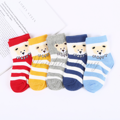 stripe mixed color cute bear head portrait pattern decoration mixed color kindergarten baby autumn and winter cotton socks wear comfortable and breathable