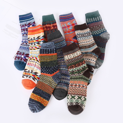 2023 new double needle retro style color knitted men‘s stockings ethnic style warm socks various colors and styles