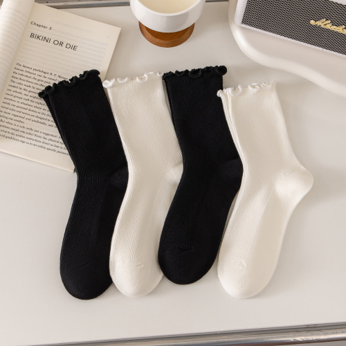 wooden ear socks women‘s mid tube stockings solid color autumn and winter new japanese style loose socks simple trendy student boneless cotton socks