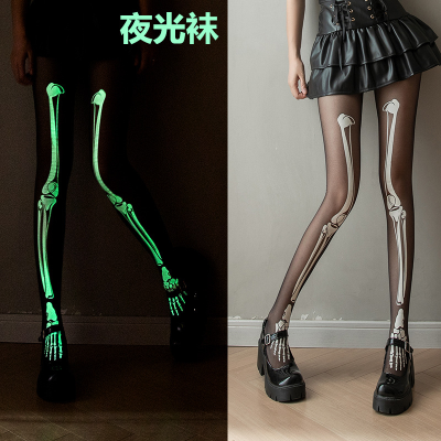 Glowing Luminous White Bone Stockings Disco Halloween Hot Sale Props Pantyhose Black Luminous Skull Skeleton Socks