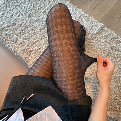 Yang Mi Houndstooth Jacquard Stockings Anti-off Cored Silk Thin Transparent Meat Lace Pantyhose Women's High-Grade Socks