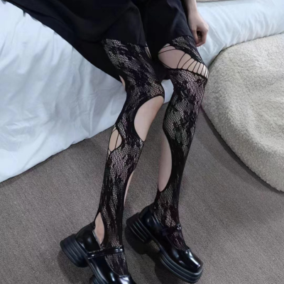 Ripped Ripped Pantyhose Hollow Fishnet Rose Millennium Hot Girl Ins Trendy Personality Asymmetric Design Black Silk