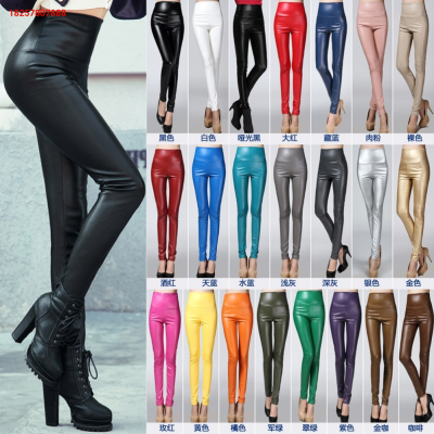 Europe and America cross border PU non-split color brushed leather pants women's high waist stretch cropped leggings outer match skinny pants slimming