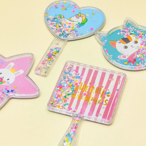 卡通手柄流沙便携镜化妆镜手持镜子随身镜宿舍手拿小镜子女