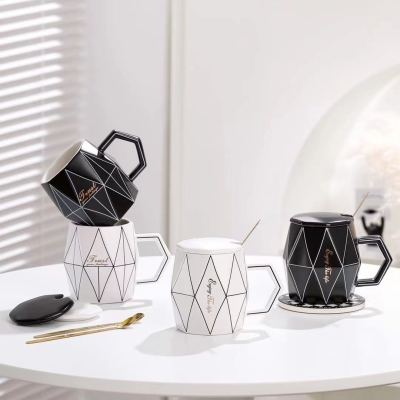 New Black and White Ceramic Cup Plaid Mug Nordic Style Minimalist Water Cup