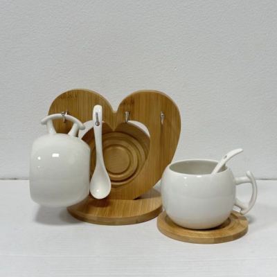 New Ceramic Coffee Cup Set Two Cups and Two Saucers Wooden Holder Cup and Saucer