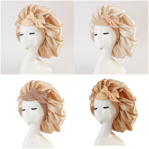 亚马逊弹力飘带蝴蝶结色丁圆帽纯色仿真丝睡帽宽边美容美发头巾帽