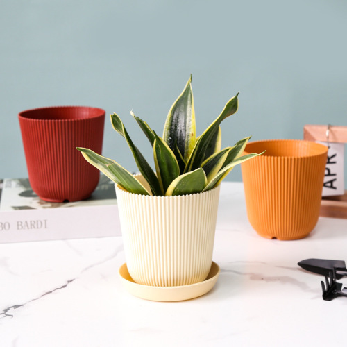 Factory Wholesale round Plastic Flower Pot Vertical Stripes Succulent Planting Pot Desktop Green Plant Melamine Pp New Material Pot