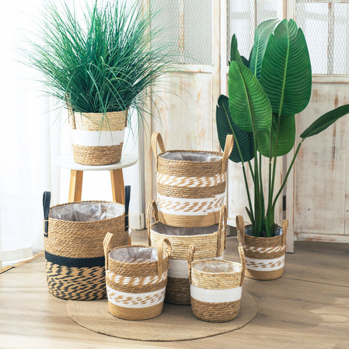 American-Style Extra Large Straw Woven Flowerpot Decoration Seaweed Hand-Woven Floor Indoor and Outdoor Storage Basket Bonsai Greenery Flower Basket