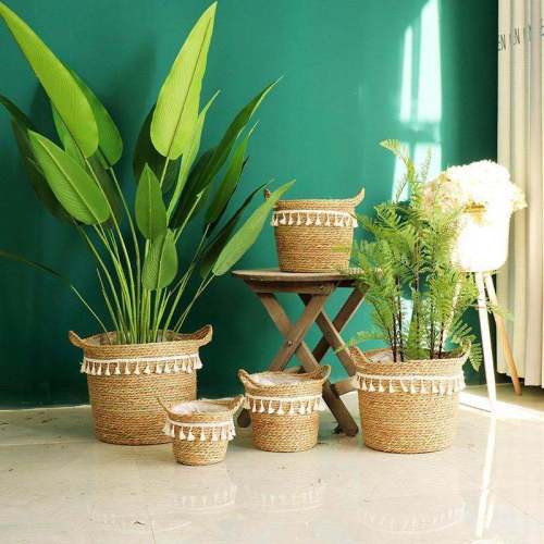 Tassel Nordic Rattan and Straw Woven Flower Basket Flower Pot Woven Basket Woven Bag Large Flower Pot Living Room Bonsai Monstera Deliciosa