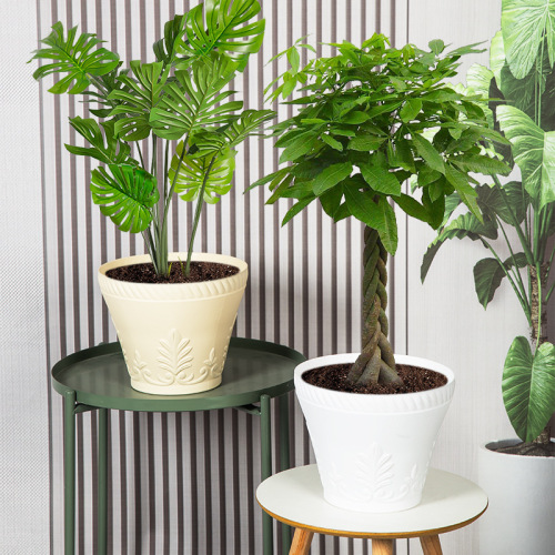 厂家批发圆形塑料花盆大尺寸仿真花假花装饰盆浮雕表面园艺种植盆