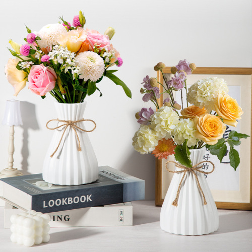 水培鲜花瓶仿陶瓷塑料花瓶收腰现代花瓶折纸创意麻绳仿真花装饰