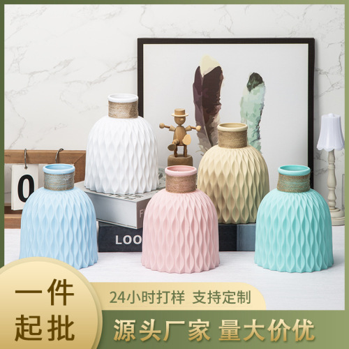厂家直销仿陶瓷新中式塑料装饰花瓶PP客厅摆件插花桶仿真花瓶批发